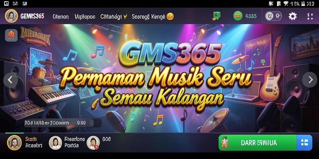 Screenshot gameplay GEMS365 dengan berbagai tantangan musik menarik.