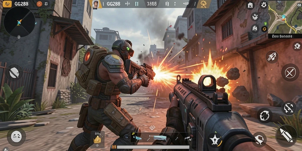 Tampilan gameplay seru dalam pertarungan TPS yang menegangkan.