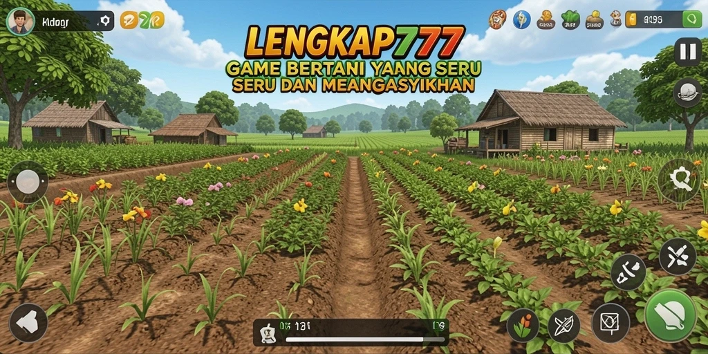 Tampilan gameplay LENGKAP777 dengan ladang penuh tanaman hijau.