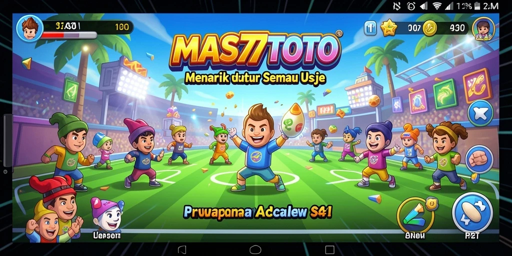 Screenshot utama <strong>MAS77TOTO</strong> menunjukkan gameplay Arcade yang seru dan penuh warna.