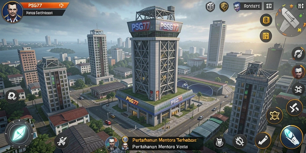 Screenshot gameplay <strong>PSG77</strong> menampilkan berbagai menara strategis dalam aksi.